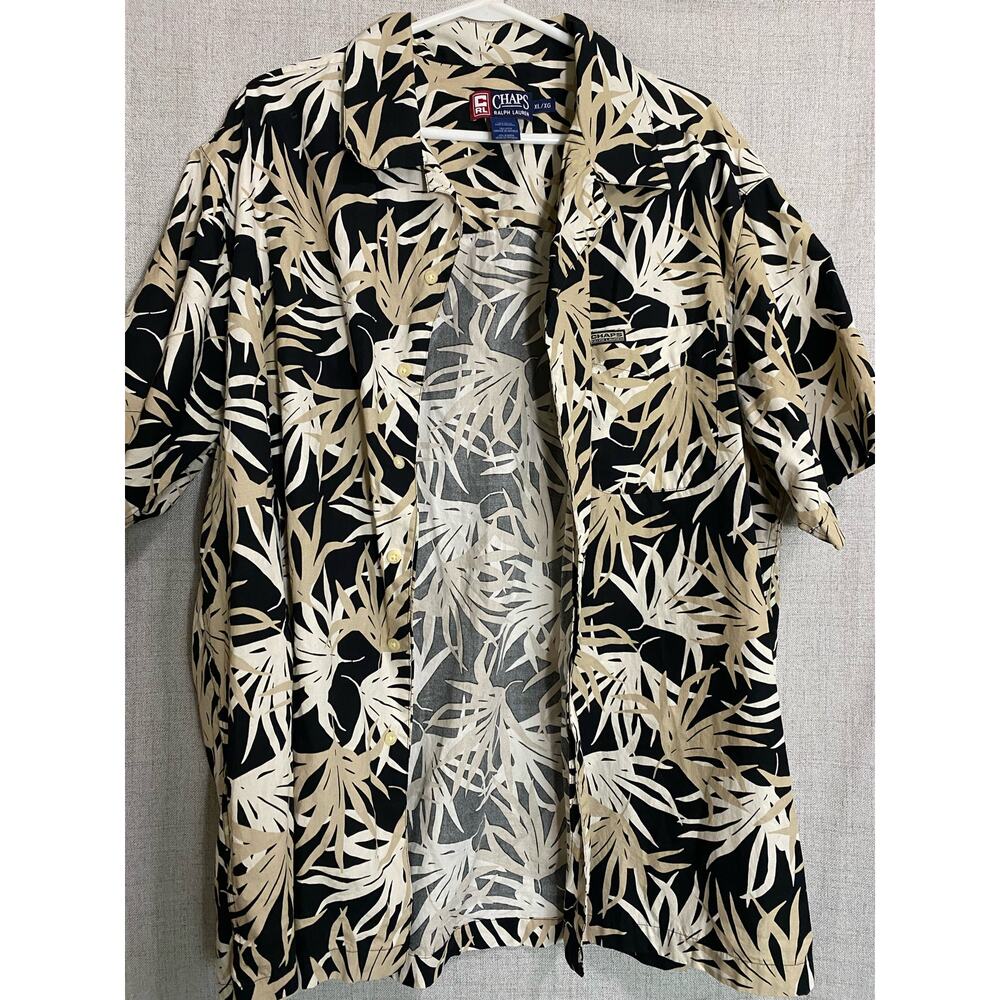 Chaps x Ralph Lauren Men’s Black with Tan Palms Patterned XL Vtg Hawaiian Shirt
